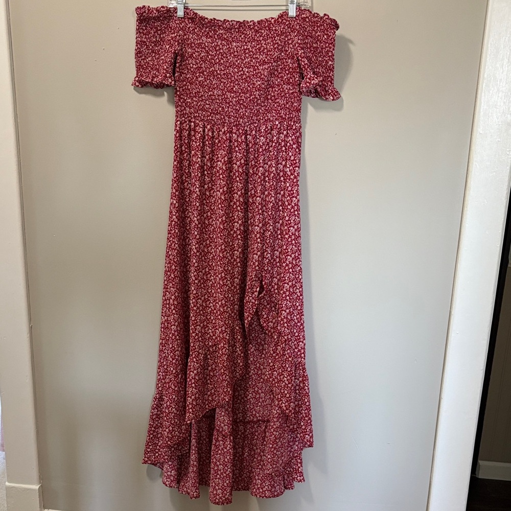 Mi Ami Red and White Patterned Off the Shoulder Maxi Dress